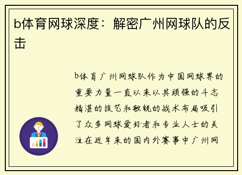 b体育网球深度：解密广州网球队的反击